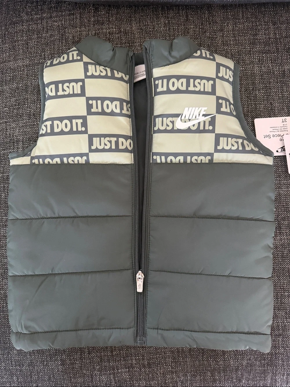 Nike Kids Puffer Vest in Olive Green and Cream Checker 